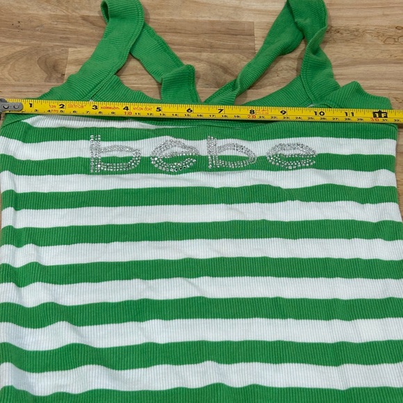 Bebe Green and White Studded Logo Rib Knit Top sz Medium - Picture 6 of 8